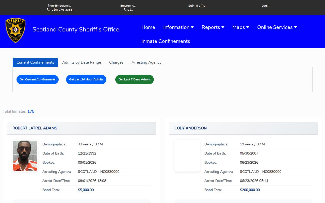 Scotland County Citizen Connect booking-search controls for recent admissions