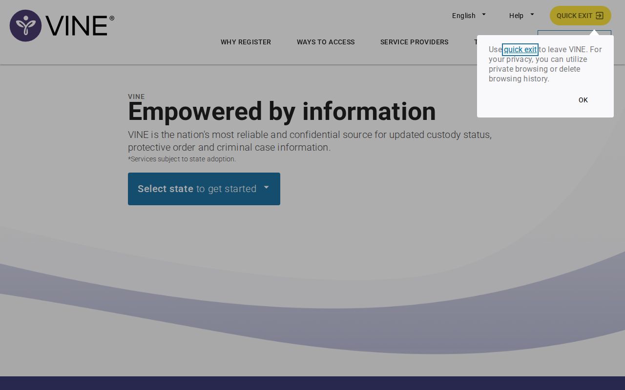 VINELink application screen for custody search and notification access