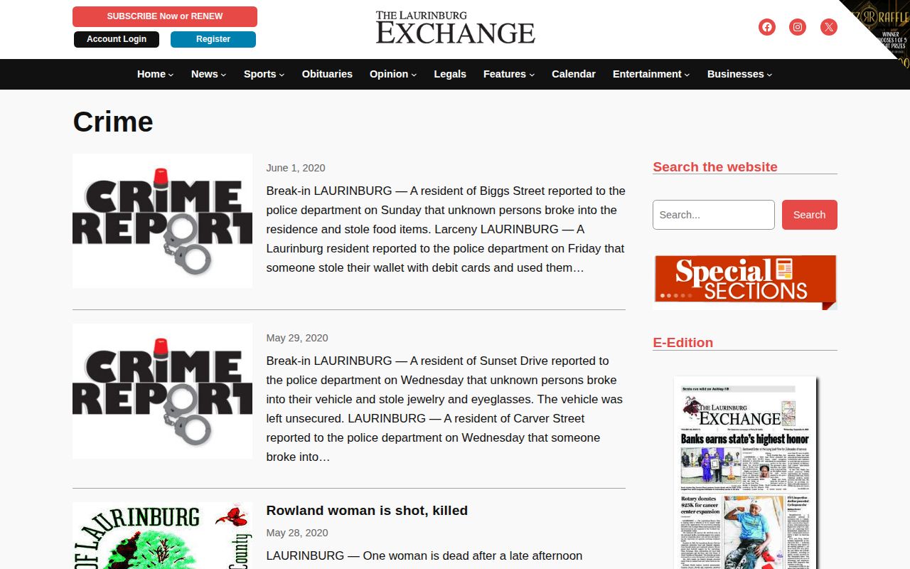 Laurinburg Exchange crime news section covering Scotland County