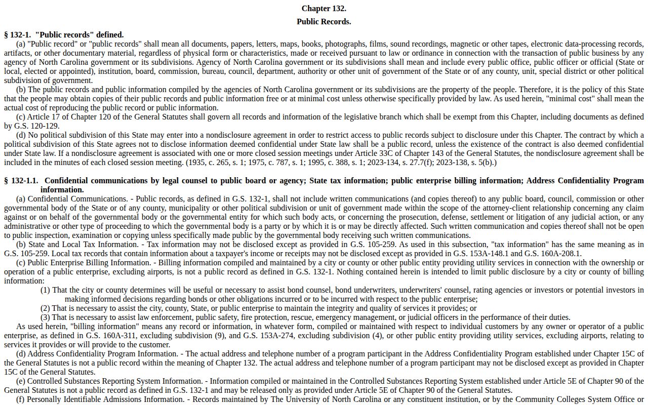 North Carolina Chapter 132 public records statute page